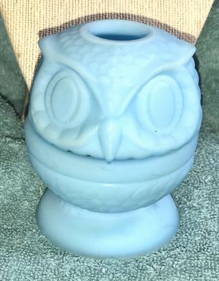 Vintage Fenton Blue Satin Art Glass Owl Fairy Candle Holder Light