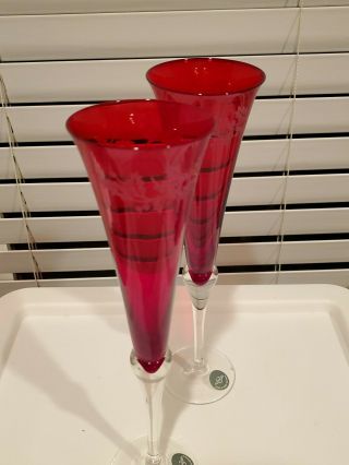 Lenox Holiday Gems Red Ruby Champagne Flutes W/etched Holly Set Of 2