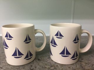Set Of 2 Waechtersbach White Blue Sailboats Mugs - Made In Spain Coffee Cups
