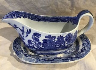 Blue Willow Gravy Boat And Underplate Antique Ridgways Blue Willow