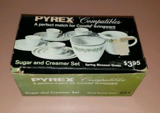 Vintage Corelle Corning Pyrex Spring Blossom Green Creamer Sugar & Lid Set Nos