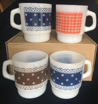 4 Fire King Cups Stacking Mugs Red Gingham Blue Brown Dot Lace Vintage 8 Oz Usa