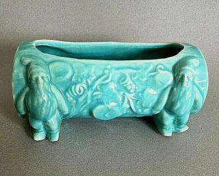 Vintage Blue Mccoy Usa 8 " Turquoise Planter Log With 2 Gnomes And Ivy Leaves