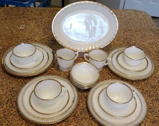 Gold Edge On White Swirl,  Vintage Fire - King Glass Dishes Set For 4,  23 Pc No Res