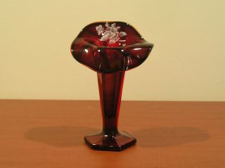 Westmoreland Ruby Red Jack In The Pulpit Bud Vase With Painted Flowers - 6 1/2 "