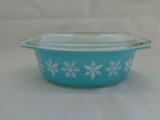 Vintage Pyrex Turquoise Snowflake Oval 1 1/2 Qt Casserole Dish 043 With Lid