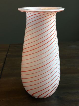 Vintage Art Glass Red White Candy Cane Stripe Tall Vase Swirled