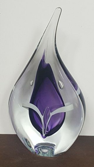 Vtg Adam Jablonski Teardrop Art Glass Sculpture Signed 6.  5 " Purple/white