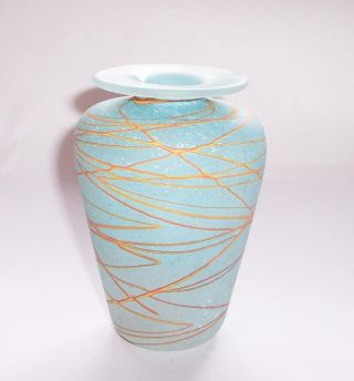 Vintage Frosted Green Studio Art Glass Vase With Yellow Orange Lines Signed