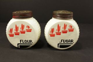 Vintage 2 Pc Set Canister Milk Glass Sugar - Flour Shakers