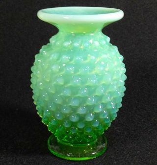 Vintage Fenton Green Opalescent Hobnail Glass Mini Vase Usa