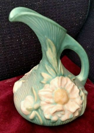 Vintage Roseville Pottery Green 6 Inch Pitcher Vase With Raised Flowers