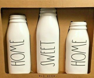 Rae Dunn Home Sweet Home Set Of 3 Ceramic Milk Bottle Vases Large Letter Htf
