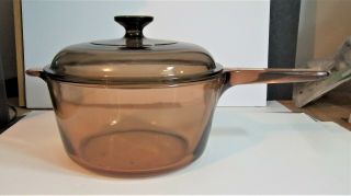 Vtg Corning Pyrex Vision Ware Amber Cookware 2.  5 L Quart Saucepan Pan With Lid