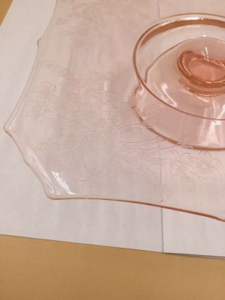 Vintage Footed Pressed Pink Depression Glass Cake Plate Floral Design,  9.  25” Sq 4