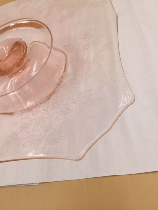 Vintage Footed Pressed Pink Depression Glass Cake Plate Floral Design,  9.  25” Sq 5