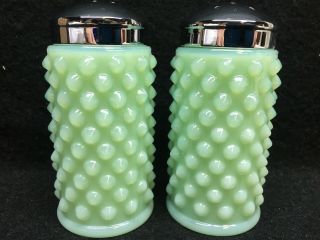 Jadeite Jade Glass Hobnail Pattern Salt And Pepper Shakers Set Milk Castor Green