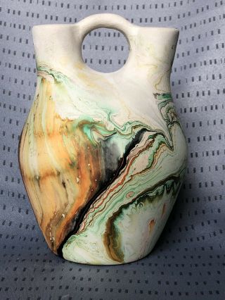 Nemadji Usa Pottery Wedding Vase Native Clay Orange Green Black Swirl 6”