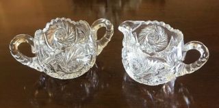 Vintage Lead Crystal Cut Glass Cream Pitcher And Sugar Bowl With Sawtooth Rims