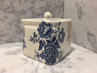 Vintage Blue,  White Floral Charlotte Burleigh Ironstone England Sq Teapot 14oz