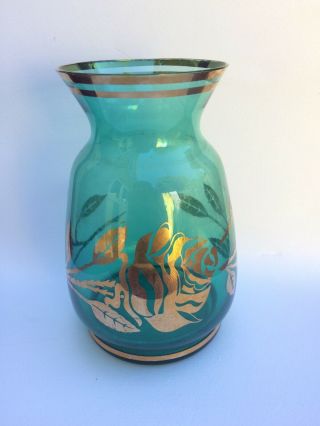 Mid Century Bohemian Green & Gold Glass Roses Decor Bud Vase