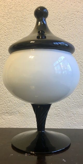 Vintage Empoli Hand Blown Glass Candy Dish With Lid White And Black - 10.  5” Tall