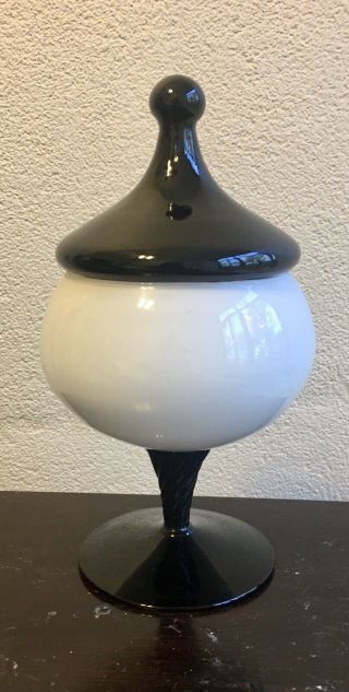 Vintage Empoli Hand Blown Glass Candy Dish With Lid White And Black - 10.  5” Tall 3