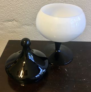 Vintage Empoli Hand Blown Glass Candy Dish With Lid White And Black - 10.  5” Tall 4