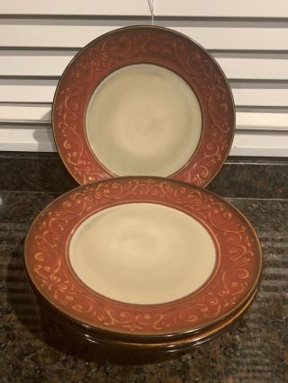 Set Of 4 Pier 1 Imports Red Scroll Stoneware Dinner Plate Plates 10.  75 "