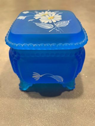 Westmoreland Glass Satin Blue Mist Trinket Jewel Box Hand Painted Flower Daisy