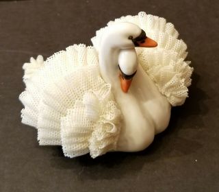 Muller Volkstedt Irish Dresden Lace Porcelain Nuzzling Swans