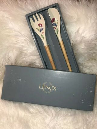 Lenox Poppies On Blue Large Fork & Spoon Salad Serving Set Japan