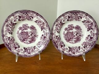Clarice Cliff Tonquin Royal Staffordshire Plum Purple Soup Bowls Rimmed Set Of 2