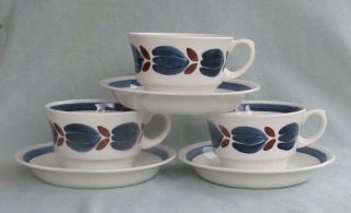 3 Arabia Finland Botnia Blue & Brown Cups & Saucers