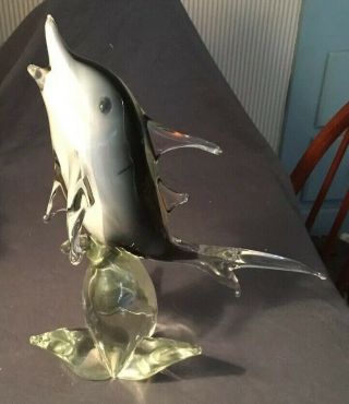 Art Glass Fish Sculpture 12 1 - 2” Fish Dolphin Shark On Wave Murano ? Gray White