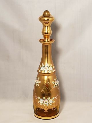 Vintage Antique Czech Bohemian Gold Blown Art Glass Decanter With Applied Flower