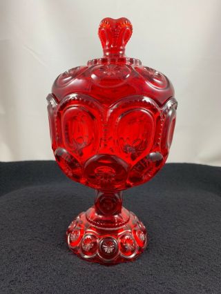 Moon And Stars Vivid Ruby Red Candy Dish - Compote Lidded - L.  E.  Smith