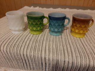 4 Kimberly Diamond Blue,  Green,  Yellow,  White Fire King Anchor Hocking Mugs