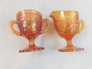 Vtg Iridescent Amber Glass Sugar Bowl Gobbler Cup And Creamer Grape Leaves