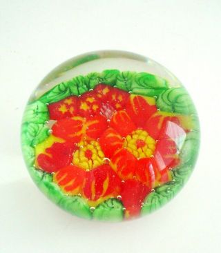Vintage Art Glass Paperweight With Red Orange Yellow Millefiori Flower Design