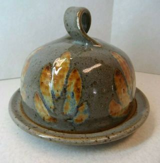Vintage Ceramic Round Butter Dish,  Gray And Orange Ceramic Covered Dish