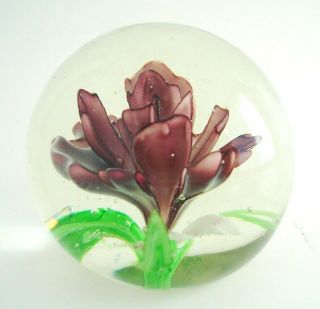 Vintage Art Glass Paperweight With Purple Flower Design