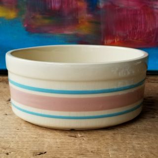 Scarce Vtg Mccoy Pink & Blue Stripes Pottery 0142 Med Sm Dog Food Bowl Pet Dish