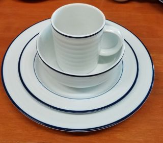 Crate And Barrel - Roulette - White - Blue Trim - 4 Piece Setting Porcelain Portugal