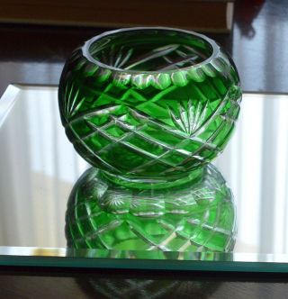 Vintage Bohemian / Czech Cut Art Glass Rose Bowl - Green Overlay To Clear