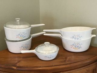 Corning Ware Set Of 5,  Rare Country Cornflower W/clear Lids,  Vintage,  Euc