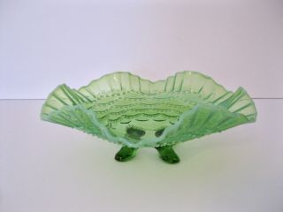 Fenton Green Glass Hobnail Spider Web Fluted Opalescent Edge Footed Bowl Dish