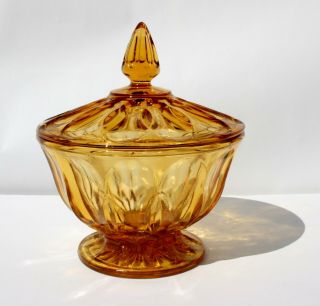 Vintage Amber Depression Glass Covered Pedestal Bowl/ Candy Dish - Ribbon