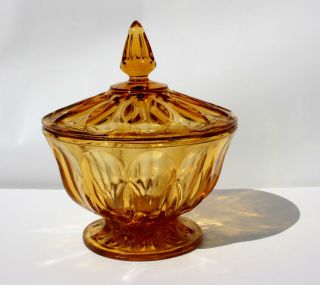 Vintage Amber Depression Glass Covered Pedestal Bowl/ Candy Dish - Ribbon 2