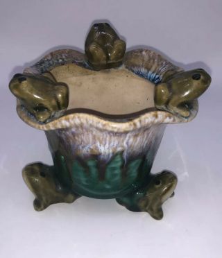 Vintage 6 Frog Planter Green Brown Drip Glaze Art Pottery Majolica?